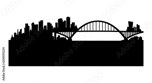 Quadro su tela Modern Cityscape Silhouette with Arch Bridge, Urban Skyline Vector Art, Architec