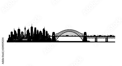 Fotografi Sydney Skyline Silhouette, Iconic Bridge and Cityscape Vector Art, Urban Archite