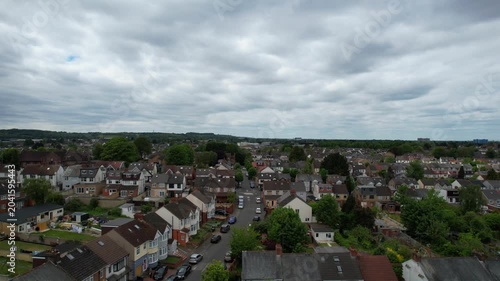 Aerial Footage of Luton City Before Sunset Time After Clear Sunny Day. Urban Drone Flight Above Urban City Streets of British City and Town of England. Drone Mounted Ultra Wide Angle Camera Footage