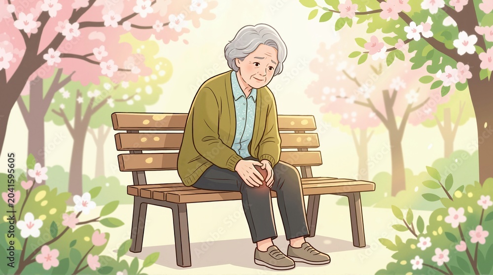 Fototapeta premium Elderly woman sitting on a park bench holding her painful knee. Senior female suffering from joint pain or arthritis. Healthcare and aging concept illustration