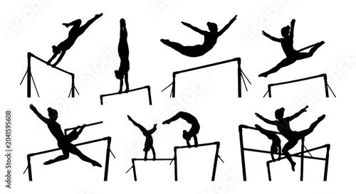 Photos Gymnastics Silhouette Collection: Dynamic Poses on Bars, Acrobatics, Athleticism