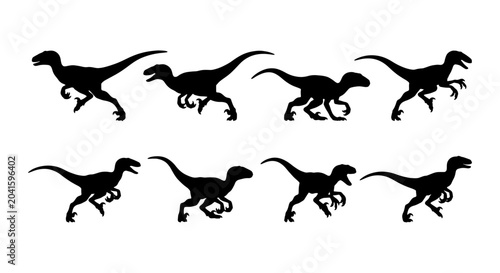 Bild auf Leinwand Dinosaur Silhouette Animation Frames, Velociraptor Action Poses, Prehistoric Cre