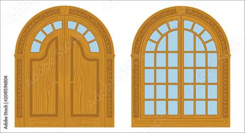 Tableau sur toile wooden doors and window vector illustration arched frame glass pane