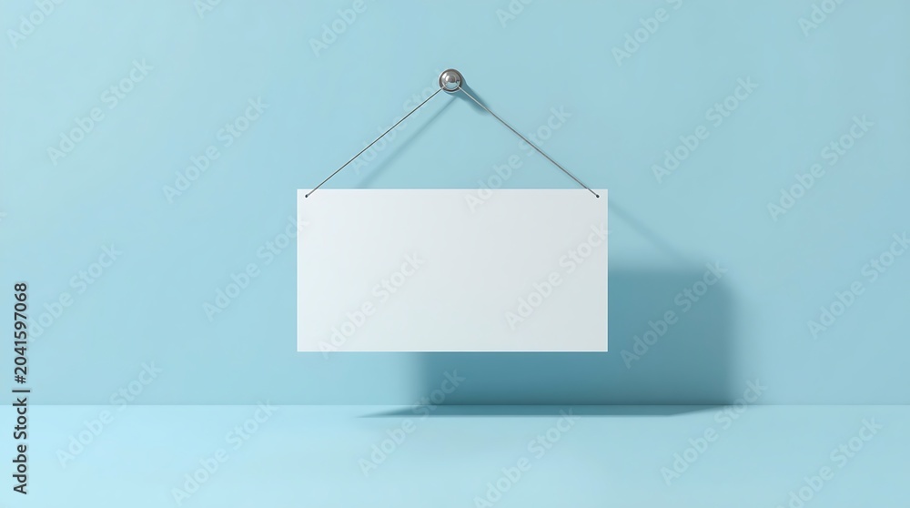 Naklejka premium Blank white sign hanging on a blue wall, perfect for text or design.