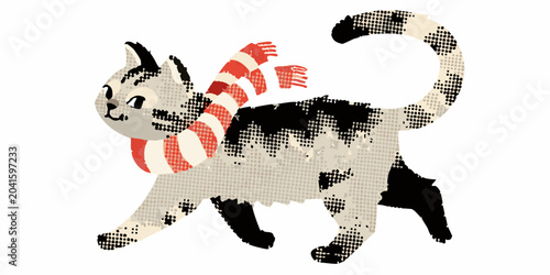 Foto cat wearing candy cane scarf halftone style