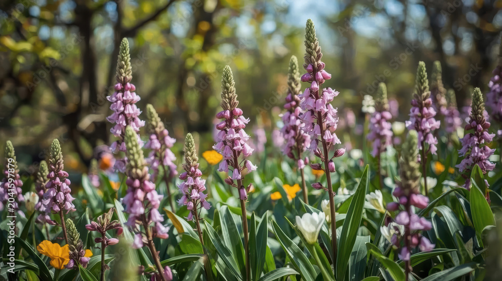 Obraz premium Spring flowers blooming in sunlit garden with fresh green foliage and gentle warmth