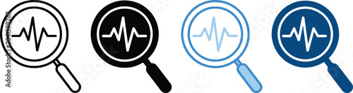 Health monitoring icon set. heartbeat pulse inside magnifying glass. diagnostics and analysis concept. vector new