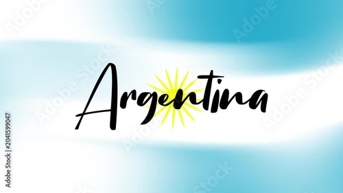 Waving flag Argentine with Elegant calligraphy blue script and a sun icon, Buenos Aires city in Argentina. Video concept animation 4k
