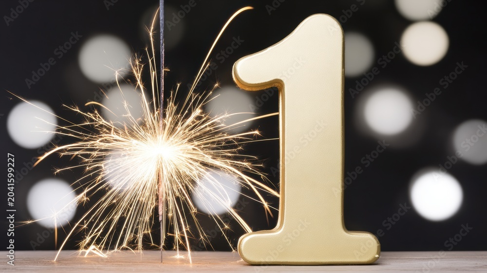 Obraz premium Celebration of first birthday with sparkler and gold number one