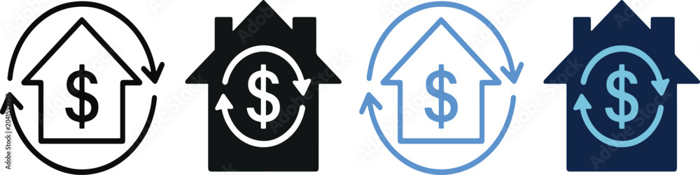 Obraz premium Home refinance icon set. Mortgage renewal and investment symbol. Real estate finance icons, vector illustration. new