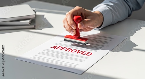 Closeup of a persons hand using a red rubber stamp to mark a document as approved on a desk