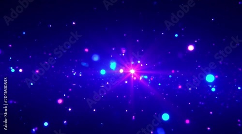 Abstract motion background featuring glowing blue and pink particles floating in deep dark space