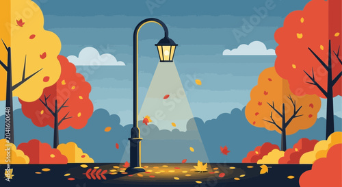 Fotografie Autumn park path with glowing lamppost and falling leaves, vibrant fall foliage, serene evening scene