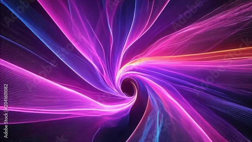 Video of abstract digital art video featuring smooth, flowing, luminous waves in a 3D tunnel or vortex pattern, spiraling into depth