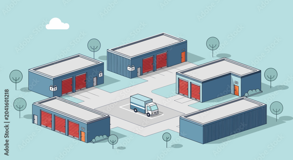 Fototapeta premium Isometric industrial park with storage units, delivery truck, and trees on light blue background.
