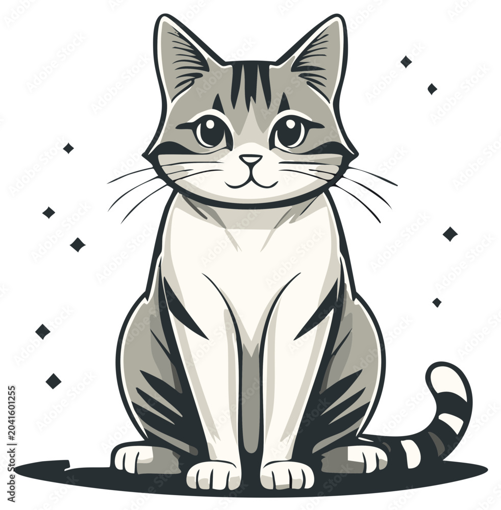 Obraz premium Cute Tabby Cat Sitting and Smiling, Cartoon Vector Illustration, Pet Domestic Animal
