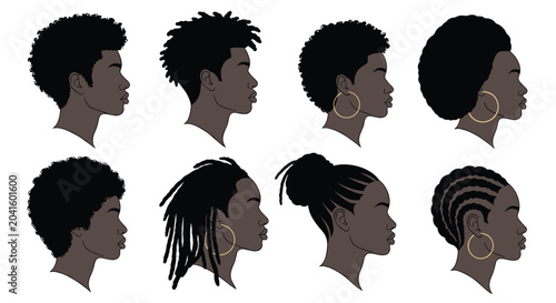 Profile view silhouettes of black men and women showcasing a variety of natural hairstyles and different hair textures.