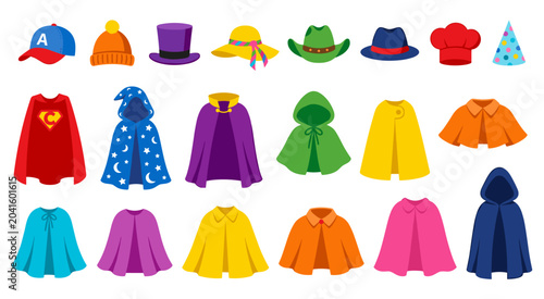 Diverse headwear and cloak collection for characters and professions. Set of hats and capes featuring superhero cowl wizard hood top hat cowboy hat colorful cloaks for dress up games.