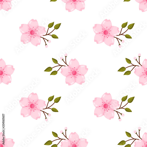 Pink Cherry Blossom Branch with Buds Seamless Pattern