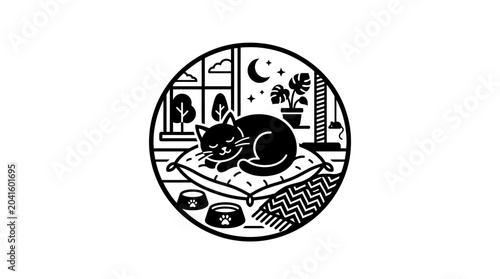 Obraz na plátně Black cat sleeping on bed.