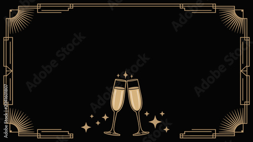 Two champagne glasses clinking in Art Deco frame on black background