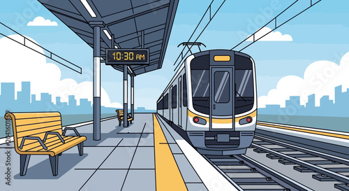 Photos Modern commuter train arriving at station platform with city skyline background