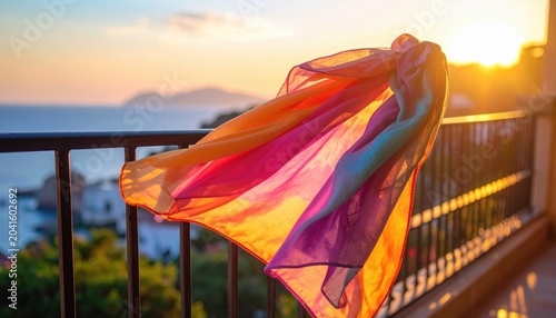 Vibrant silk scarf flowing in warm sunset light on an outdoor balcony with distant mountain views.