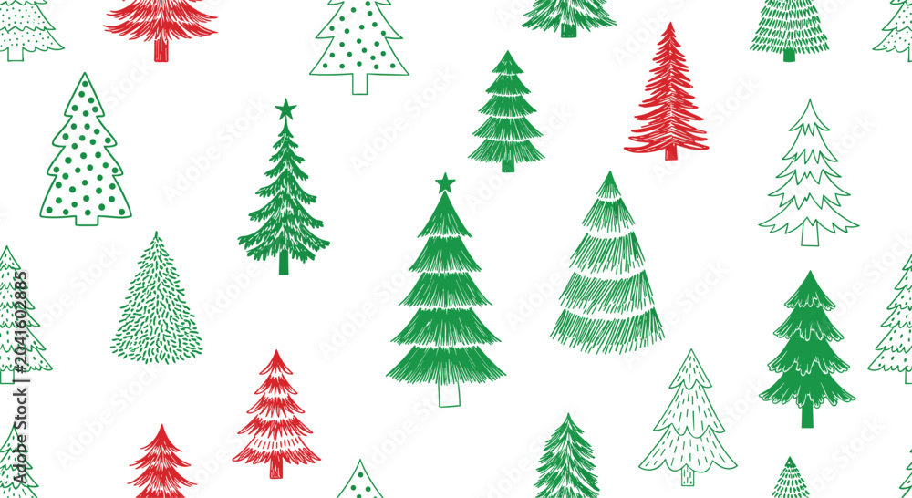 Obraz premium Festive seamless pattern featuring a variety of hand drawn green and red Christmas trees in different styles and shapes on a white background.