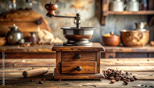 Vintage wooden hand-cranked coffee grinder with drawers, showcasing traditional kitchen preparation