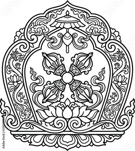 Bild auf Leinwand Intricate black and white line artwork vector rendering of a traditional tibetan buddhist vajra symbol on a lotus base