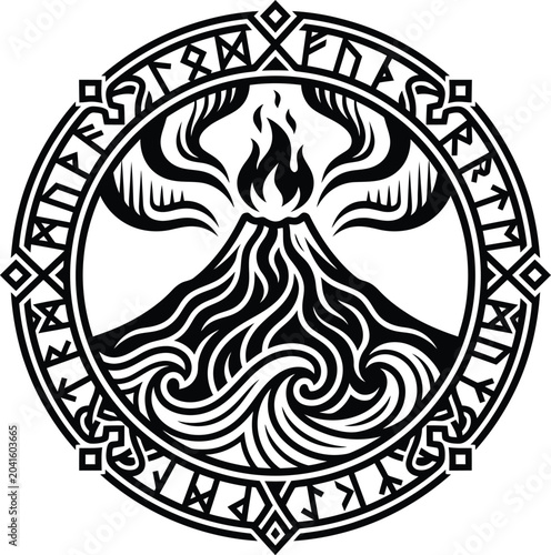 Tableau sur toile A circular monochrome emblem featuring a stylized volcano erupting amidst turbulent sea waves, encircled by ancient mysterious norse runes