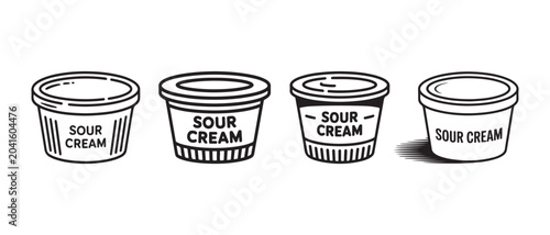 Foto Set of sour cream plastic cups and containers in a simple line art style