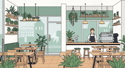 Photos Cozy Cafe Interior with Barista and Plants, Modern Design, Natural Light