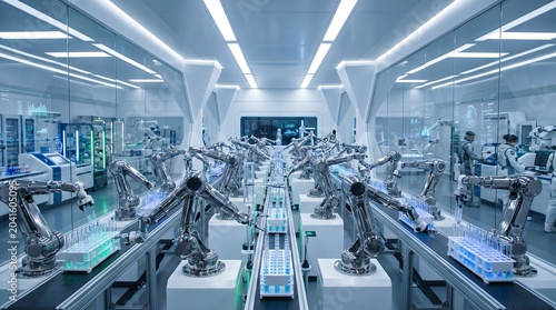 Advanced robotic arms precisely assembling products in a futuristic cleanroom factory.