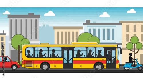 Tableau sur toile City Commute: People inside yellow bus using smartphones, red car, scooter, urba