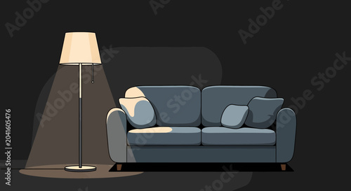 Obraz na płótnie Cozy blue sofa illuminated by a modern floor lamp in a dimly lit room