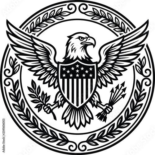 Fotografie A high-quality black and white vector drawing of an American bald eagle clutching arrows and an olive branch