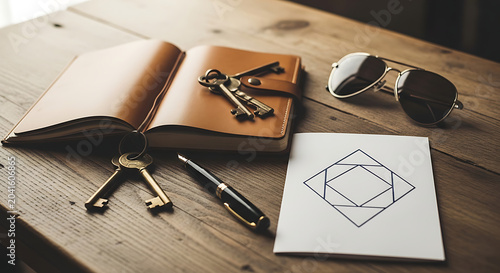 Blank postcard with leather wallet and vintage compass on desk