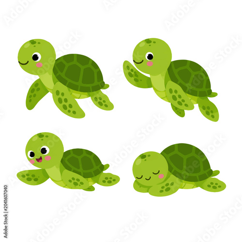 Adorable Baby Sea Turtle Mascot Collection Featuring Happy Winking Sleeping and Crawling Cartoon Characters
