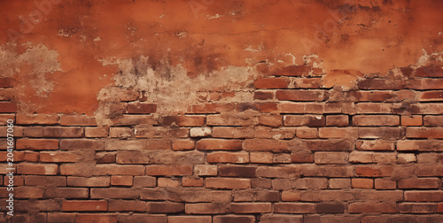 Textured orange plaster wall with exposed red brick base showing signs of structural wear