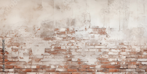 Damaged white plaster over red brick wall showing layers of age and architectural decay
