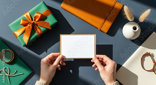 fathers day, birthday present, greeting card, invitation mockup, blank paper, white sheet, flat lay, top view, black background, slate board, stone texture, leather wallet, brown pouch, pocket square,