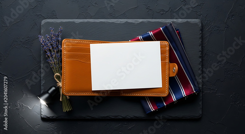 Blank greeting card over brown leather wallet on black desk