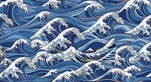 Stylized Blue Ocean Waves Crashing in Japanese Inspired Seamless Pattern