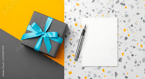 Blank greeting card with gift box and pen on split background