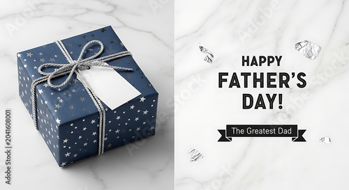 Fathers day banner template with gift box on marble background