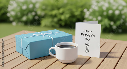 Fathers day greeting card with gift box and coffee cup on table
