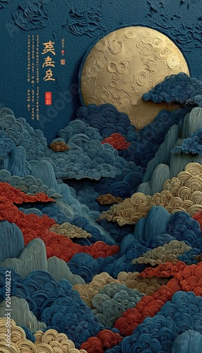 Simple blue vertical poster design for Mid-Autumn Festival with moon and clouds