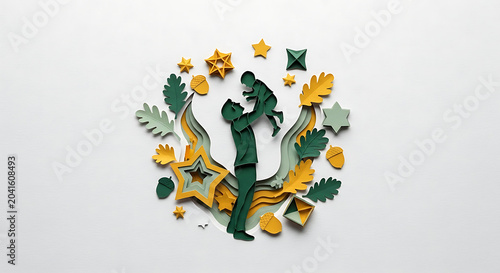 Paper cut father lifting child icon with stars on white background