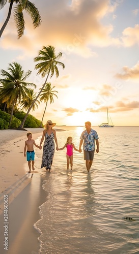 Happy Family Walking Along Tropical Beach at Sunset